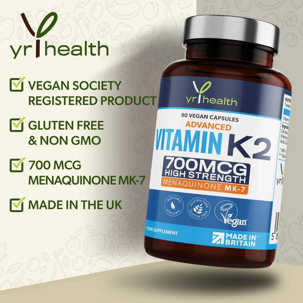 yrhealth Vitamin K2 MK7 700mcg - High Strength Vitamin K2 Menaquinone - 90 Vegan Capsules