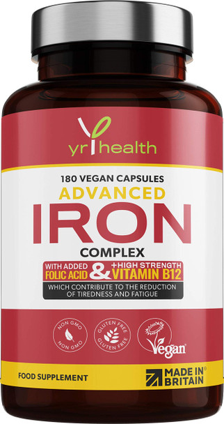 yrhealth Iron Supplement 20mg Maximum Strength Anti Fatigue Complex - 180 Vegan Capsules
