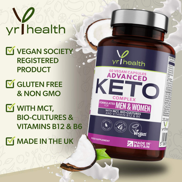 yrhealth Keto Pills Max Strength Advanced Complex for Men & Women - MCT Oil Green Tea Bio-Cultures Vitamins & Minerals Carbohydrates & Fatty Acids Metabolism - 60 Vegan Capsules