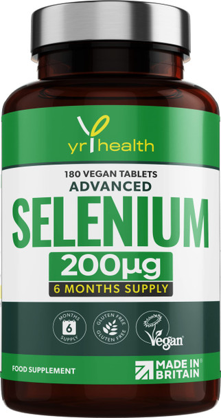 yrhealth Selenium 200mcg Tablets - 180 Vegan Society Registered Pills for Thyroid and Immune Health Hair Skin and Nails - 6 Month Supply