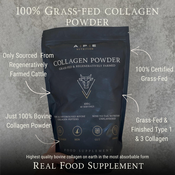 APE Nutrition Collagen Powder Peptides 400g 100% Grass-Fed & Finished Bovine Collagen Type 1 & 3 Ancestral Supplement Unflavoured
