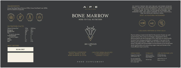 APE Nutrition Grass-Fed Bone Marrow Capsules - Health Supplements Rich in Collagen for Joint Bone & Skin Support - 180 Freeze-Dried Capsules from Grass-Fed Free-Range Cattle - 30-Day Supply