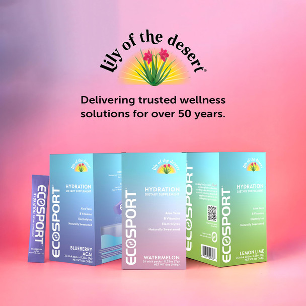 Lily of The Desert EcoSport Instant Hydration Packets - Naturally Sweetened with Electrolytes Vitamin C B Vitamins & Aloe Lemon Lime 24 Count 0.25 Oz Ea