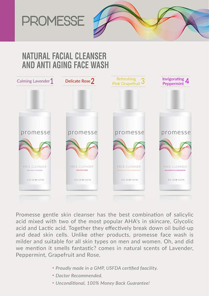 promesse Acne Control Facial Cleanser - Anti-Aging Exfoliating Wash with Glycolic & Salicylic Acid, Lavender - 4 fl oz