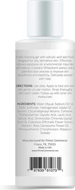 promesse Acne Control Facial Cleanser - Anti-Aging Exfoliating Wash with Glycolic & Salicylic Acid, Rose-Scented