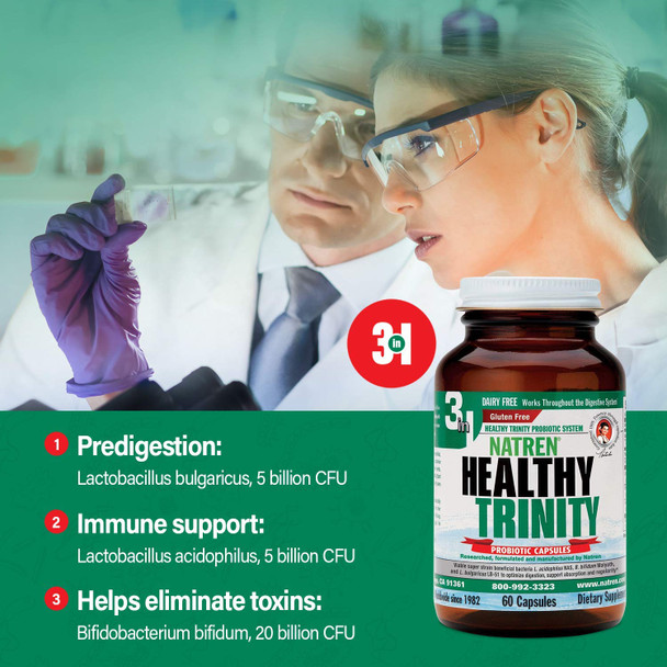 Natren Healthy Trinity Probiotics Supplement - 60 Dairy and Gluten Free Gel Capsules - Improve Gut and Digestive Health - 30 Billion CFU - Lactobacillus Acidophilus Bifidobacterium Bulgaricus