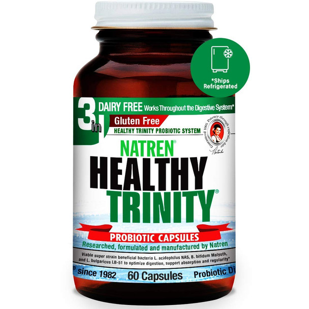 Natren Healthy Trinity Probiotics Supplement - 60 Dairy and Gluten Free Gel Capsules - Improve Gut and Digestive Health - 30 Billion CFU - Lactobacillus Acidophilus Bifidobacterium Bulgaricus