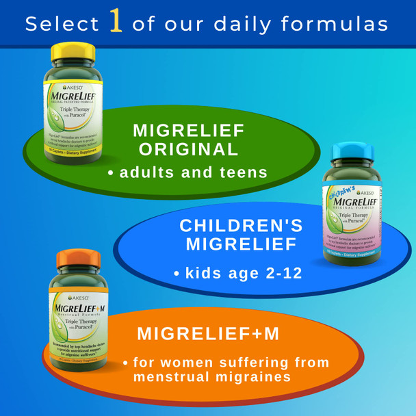 Migrelief Children's MigreLief  Triple Therapy with Puracol Nutritional Support for Pediatric Migraine Sufferers  60 Caplets 1 Month Supply