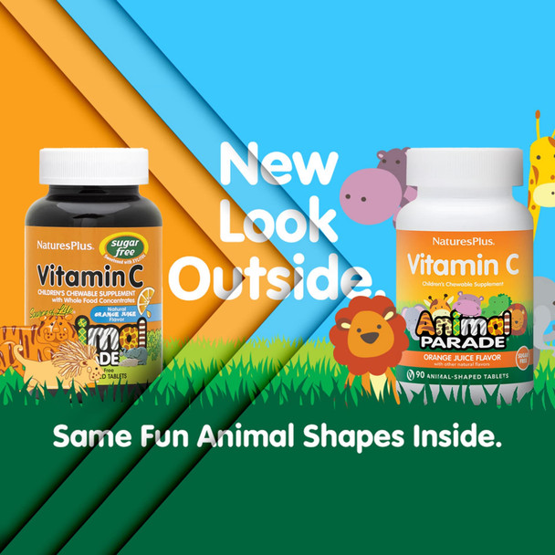 NaturesPlus Animal Parade Sugar-Free Children's Vitamin C, Natural Orange Juice Flavor - 90 Chewable Animal Shaped Tablets - Immune Support - Gluten Free - 45 Servings