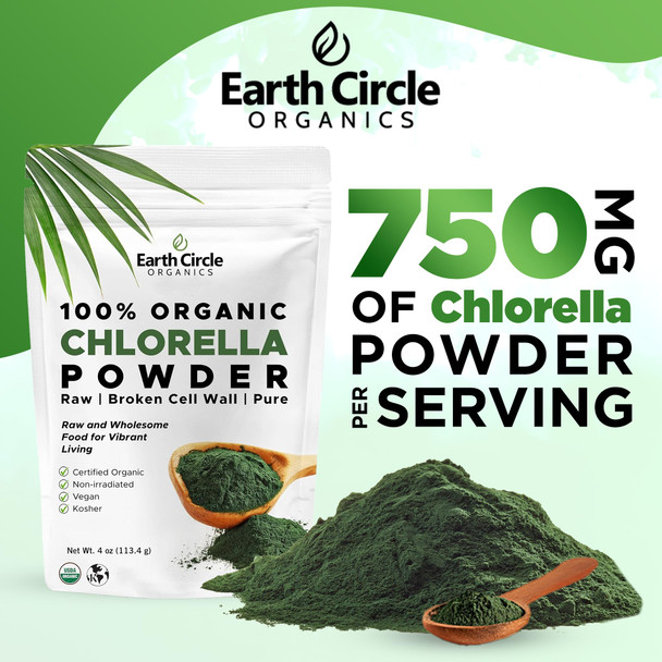 Earth Circle Organics Organic Chlorella Powder Superfood | Kosher | Broken Cell Wall ChlorophylI Vegan Super Green Algae Clean Chlorella High in Protein Fiber & Amino Acids - 4oz