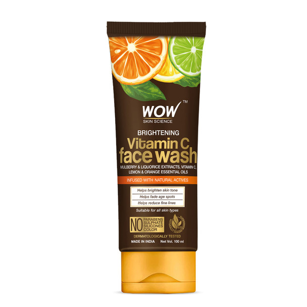 WOW Skin Science Vitamin C Face Wash - Deep Cleanser For Dry Oily Sensitive Skin & Acne Pore Minimizer, Exfoliating Daily Facial Wash - Sulfate Paraben Free 100ml by Glowrity