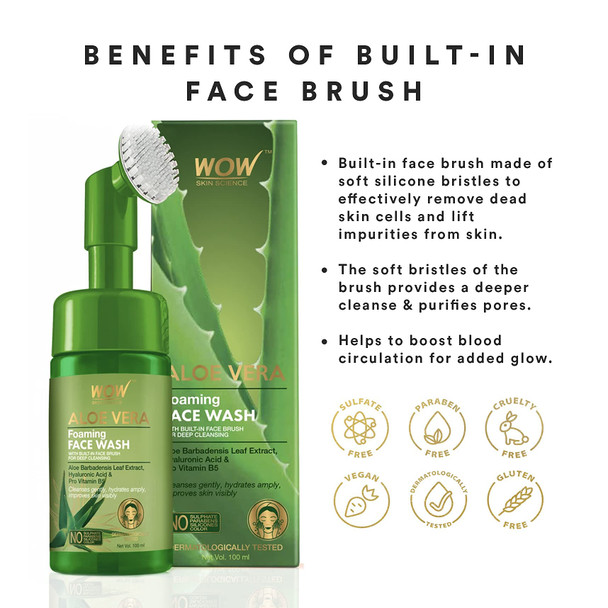 WOW Skin Science Aloe Vera Exfoliating Face Wash w/Soft Brush Foaming Facial Cleanser For All Skin Types Acne Face Wash for Women Facial Skin Care Products Men's Face Wash Facial Scrub (100ml)