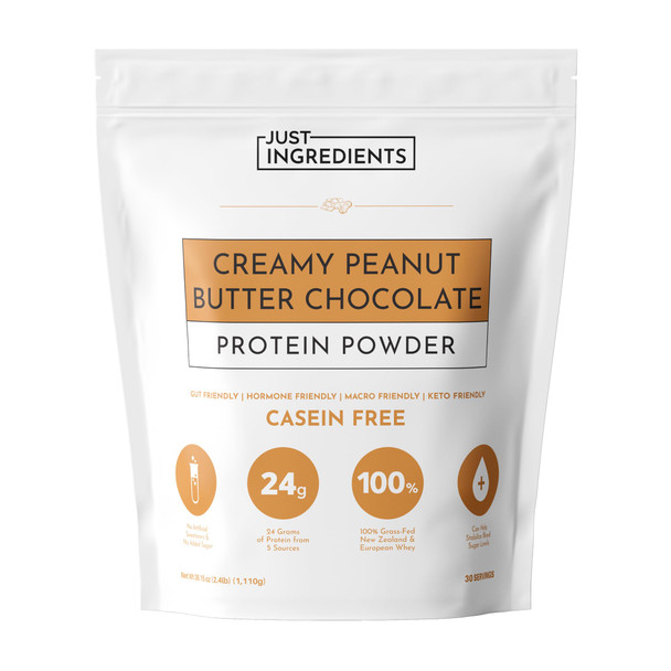 JUST INGREDIENTS Creamy Peanut Butter Chocolate Protein Powder – 30-ServingBlend with Grass-Fed Whey Pea Pumpkin Seed Chia & Collagen – No Sugar Added – No Gums 24g Protein