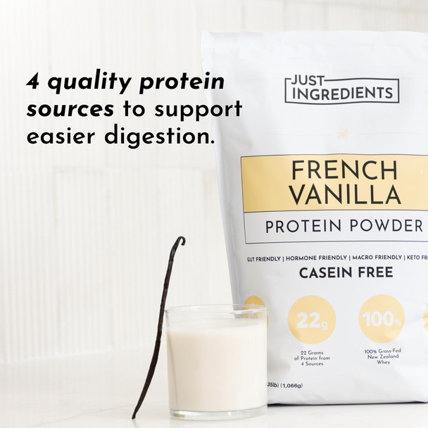 JUST INGREDIENTS French Vanilla Protein Powder – 30 Serving Bag – Grass-Fed Whey & Plant Protein Blend with Real Vanilla Bean – Sweetened with Coconut Sugar & Monk Fruit Non-GMO Gluten-Free