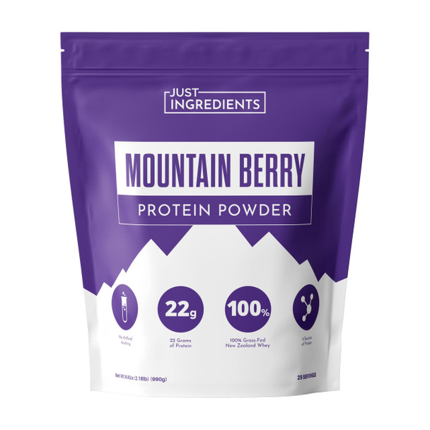JUST INGREDIENTS Mountain Berry Protein Powder – 30-Serving Blend with 100% Grass-Fed Whey & Orgnic Plant Proteins – Mixed Berry Flavor with Real Fruit – Supports Muscle Recovery Energy*