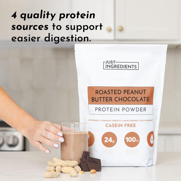 JUST INGREDIENTS Roasted Peanut Butter Chocolate Protein Powder – 30-Serving Blend with 100% Grass-Fed Whey & Organic Plant Proteins – Rich Cocoa & Roasted Peanut Flavor – Supports Muscle Recovery & Energy*