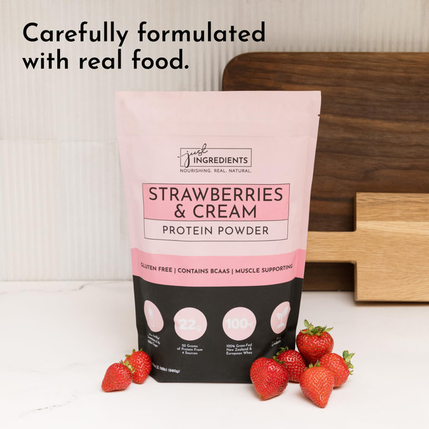 JUST INGREDIENTS Strawberries & Cream Protein Powder – 20-Serving Blend with 100% Grass-Fed Whey & Organic Plant Proteins – Real Strawberry Flavor – Supports Muscle Recovery Energy*