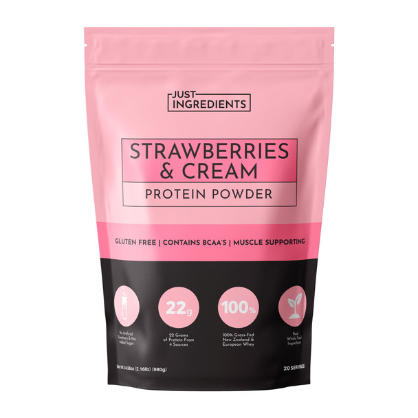 JUST INGREDIENTS Strawberries & Cream Protein Powder – 20-Serving Blend with 100% Grass-Fed Whey & Organic Plant Proteins – Real Strawberry Flavor – Supports Muscle Recovery Energy*