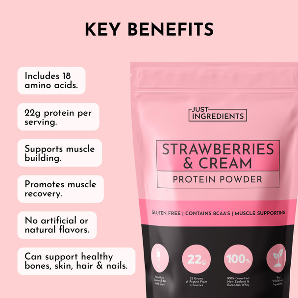 JUST INGREDIENTS Strawberries & Cream Protein Powder – 20-Serving Blend with 100% Grass-Fed Whey & Organic Plant Proteins – Real Strawberry Flavor – Supports Muscle Recovery Energy*