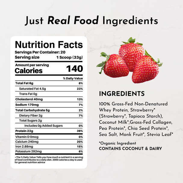 JUST INGREDIENTS Strawberries & Cream Protein Powder – 20-Serving Blend with 100% Grass-Fed Whey & Organic Plant Proteins – Real Strawberry Flavor – Supports Muscle Recovery Energy*
