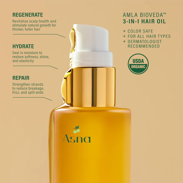 Asna Amla BioVeda 3-in-1 Hair Oil – Organic Hair & Scalp Serum, Bond Complex for Scalp Hydration, Frizz Control, & Hair Growth – Jasmine & Amla (2 oz)