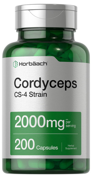 Horbaach Cordyceps Mushroom Capsules 2000mg | 200 Count | CS-4 Strain Cordyceps Sinesis | Non-GMO Herbal Supplement