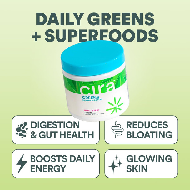 Cira Daily Greens - Naturally Sweetened Organic Spirulina Superfood Powder with Premium Antioxidant-Rich Ingredients for Debloating Digestion & Energy - Mixed Berry 30 Servings