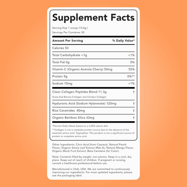 Clean Simple Eats Collagen Powder + Beauty Blend Peach Mango 11G Hydrolyzed Collagen Peptides from Grass Fed Bovine & Chicken Hyaluronic Acid for Hair Skin Nail & Joint Support 30 Servings