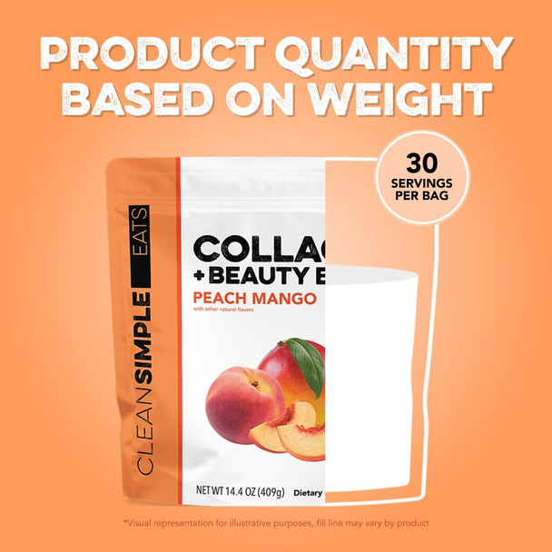 Clean Simple Eats Collagen Powder + Beauty Blend Peach Mango 11G Hydrolyzed Collagen Peptides from Grass Fed Bovine & Chicken Hyaluronic Acid for Hair Skin Nail & Joint Support 30 Servings