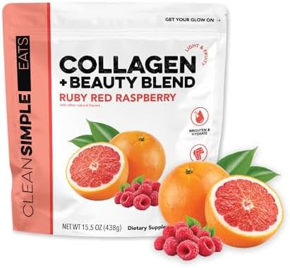 Clean Simple Eats Collagen Powder + Beauty Blend Peach Mango 11G Hydrolyzed Collagen Peptides From Grass Fed Bovine & Chicken Hyaluronic Acid For Hair Skin Nail & Joint Support 30 Servings