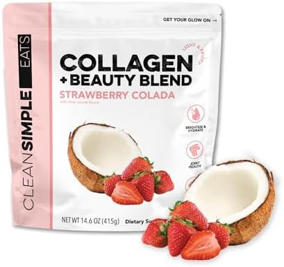 Clean Simple Eats Collagen Powder + Beauty Blend Peach Mango 11G Hydrolyzed Collagen Peptides From Grass Fed Bovine & Chicken Hyaluronic Acid For Hair Skin Nail & Joint Support 30 Servings