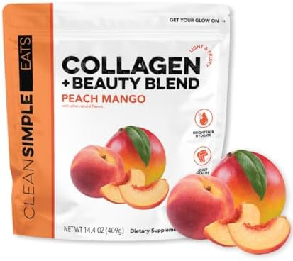 Clean Simple Eats Collagen Powder + Beauty Blend Peach Mango 11G Hydrolyzed Collagen Peptides From Grass Fed Bovine & Chicken Hyaluronic Acid For Hair Skin Nail & Joint Support 30 Servings