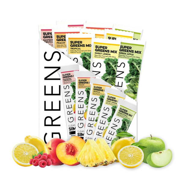 Clean Simple Eats Greens Variety 10 Pack Greens Powder Mix Packed with Superfoods Chlorella & Spirulina Includes 5 Delicious Flavors: Peachy Green Apple Raspberry Lemonade Sweet Lemon & Tropical
