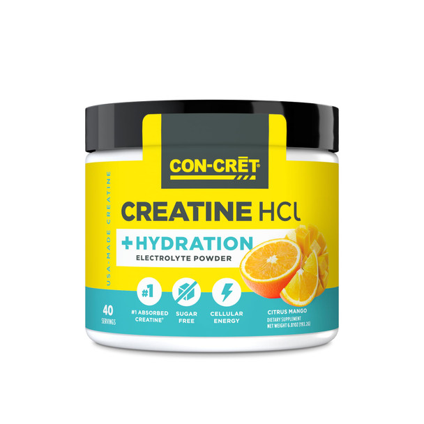 CON-CRET Creatine HCl + Hydration | Electrolyte Powder Tub | Citrus Mango | Sugar Free Electrolytes | Rehydration Formula w Potassium Sodium Zinc Magnesium to Hydrate & Recover (40 serv)