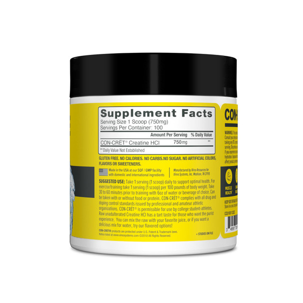 CON-CRET Creatine HCl Powder | Muscle Cognitive Cellular Energy Support | No Bloating or Cramps | USA Made & NSF Certified | Unflavored (100 Serving)