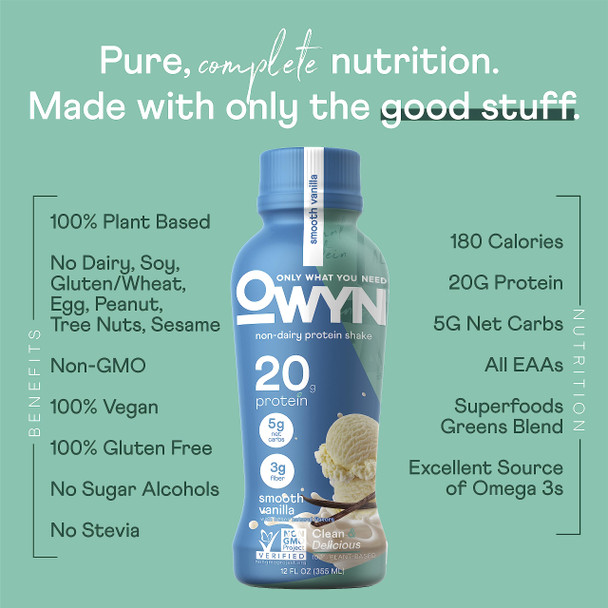 OWYN Only What You Need Plant Based Protein Shake 20g Vegan Protein from Organic Pumpkin seed Flax Pea Blend Prebiotic supplement Superfood Greens all-in-one nutrition Gluten & Soy-Free (Vanilla 12 Pack)