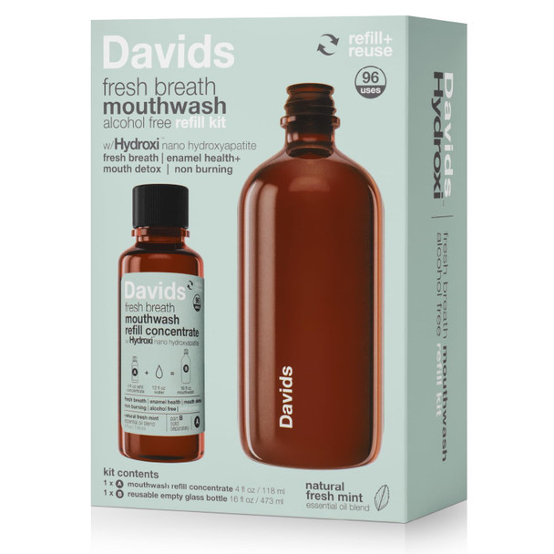 Davids Hydroxi Fresh Breath Mouthwash Starter Kit  Alcohol-Free Fluoride-Free Nano-Hydroxyapatite for Remineralizing & Enamel Health Relieves Dry Mouth Fresh Mint 16 fl oz
