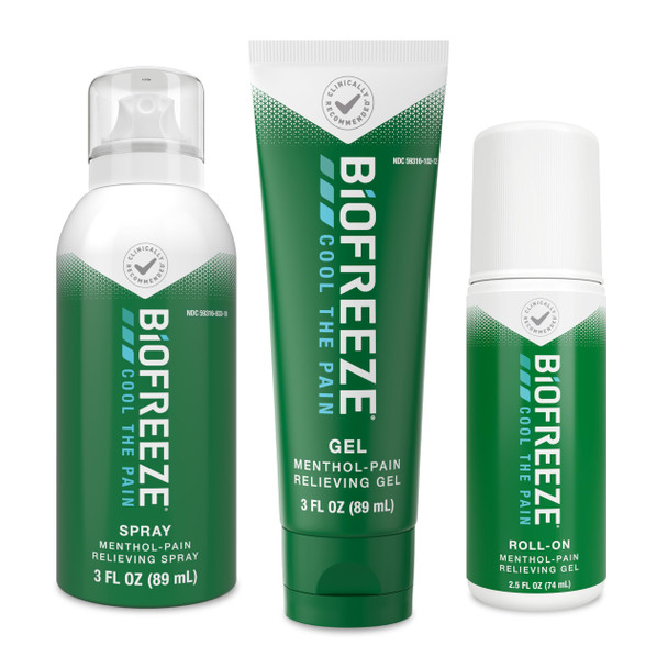Biofreeze Pain Relief Roll-On 2.5 FL OZ Gel 3 FL OZ And Spray 3 FL OZ Variety Pack Topical Pain Reliever For Muscles And Joints From Arthritis Backache Strains Bruises Sprains Package May Vary