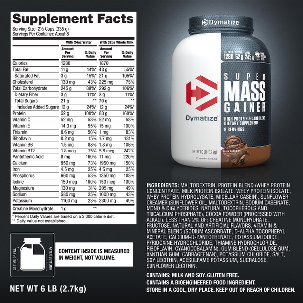 Dymatize Super Mass Gainer Protein Powder Rich Chocolate 52g Protein 1g Creatine 1280 Calories 10.7g BCAAs 245g Carbs Contains Whey Protein Powder Isolate and Casein (8 Servings)