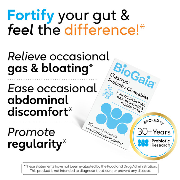 BioGaia Gastrus Gut Health Probiotic  Eases Abdominal Discomfort Gas & Bloating  Promotes Regularity & a Healthy Gut Contributes to a Balanced Microbiome 30 Chewable Tablets