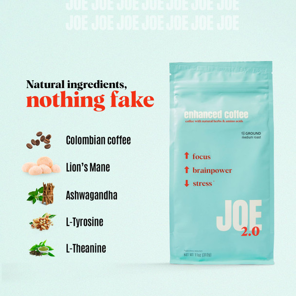 Joe 2.0 - Mushroom Coffee with Lion’s Mane & Ashwagandha – Nootropic Ground Coffee for Focus Calm Energy & Clarity – Joe 2.0 Medium Roast – 20 Servings (11 oz)