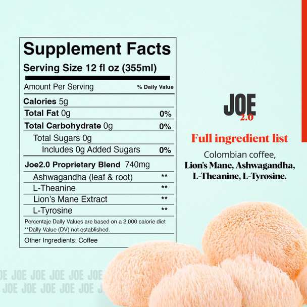 Joe 2.0 - Mushroom Coffee with Lion’s Mane & Ashwagandha – Nootropic Ground Coffee for Focus Calm Energy & Clarity – Joe 2.0 Medium Roast – 20 Servings (11 oz)