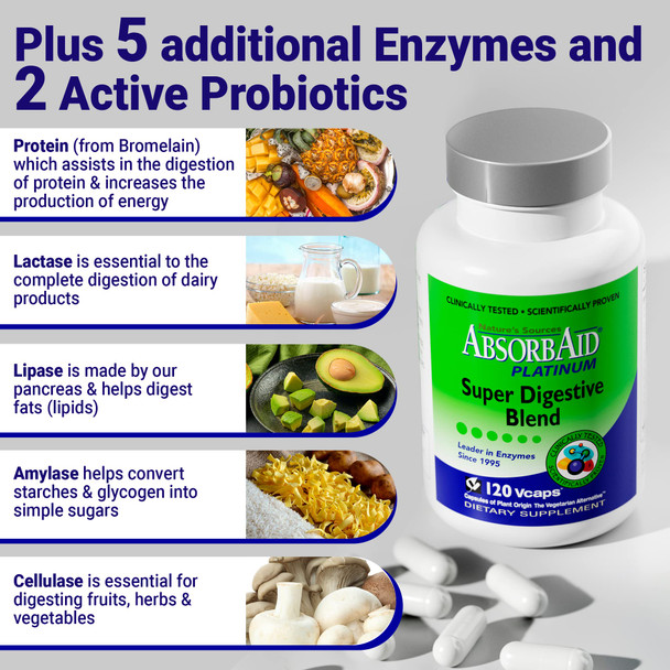 AbsorbAid Platinum Digestive Enzyme Support 120 vCaps, 12 Digestive Enzymes Plus 2 Probiotics for Maximum Relief