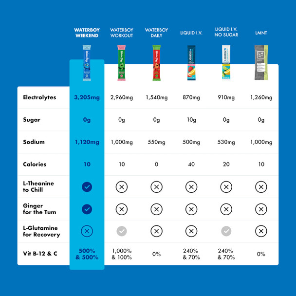 Waterboy Weekend Recovery Variety | 3200mg Electrolyte Powder Packets | Ginger + L-Theanine + Vitamins | No Sugar All Natural Gluten Free | 24 Drink Stick Mixes (Variety Pack)