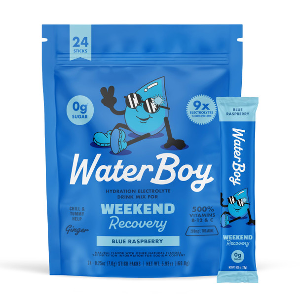 Waterboy Weekend Recovery | 3200mg Electrolyte Powder Packets | Ginger + L-Theanine + Vitamins | No Sugar All Natural Gluten Free | 24 Drink Stick Mixes (Blue Raspberry)