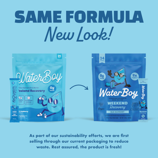 Waterboy Weekend Recovery | 3200mg Electrolyte Powder Packets | Ginger + L-Theanine + Vitamins | No Sugar All Natural Gluten Free | 24 Drink Stick Mixes (Blue Raspberry)
