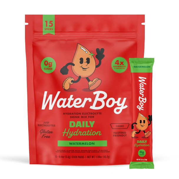 Waterboy Daily Hydration |  1570mg Electrolyte Powder Packets | No Sugar All Natural Gluten Free Zero Calories | 15 Drink Stick Mixes (Watermelon)