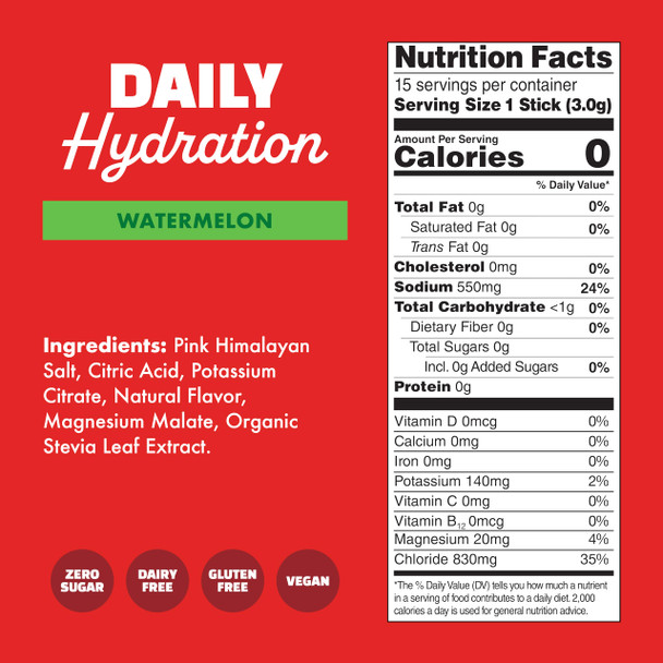 Waterboy Daily Hydration |  1570mg Electrolyte Powder Packets | No Sugar All Natural Gluten Free Zero Calories | 15 Drink Stick Mixes (Watermelon)