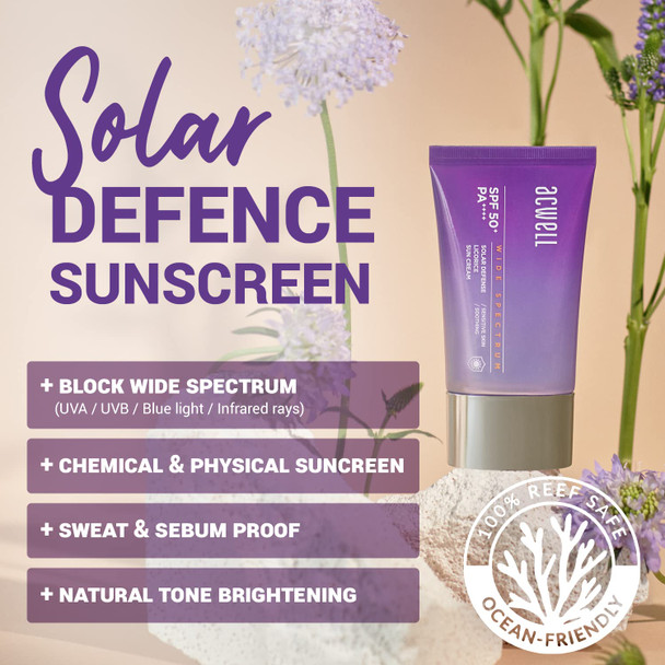 ACWELL Solar Defence Licorice Sunscreen SPF 50+ PA++++ – Anti Sebum & Skin Calming Face Sunblock – Chemical and Physical UV & Sunray Protection - Sweat & Sebum Proof – Reef Safe, 1.69oz.