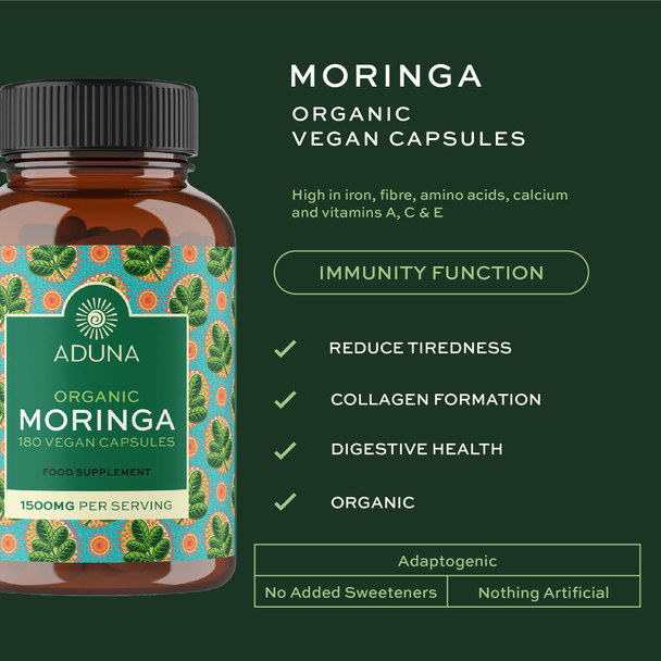 Aduna Organic Moringa Capsules 1500mg | 100% Pure Moringa Leaf for Energy, Immunity & Focus | Natural Plant-Based Food Supplement for Tiredness, Recovery & Breastfeeding | 180 Vegan Capsules